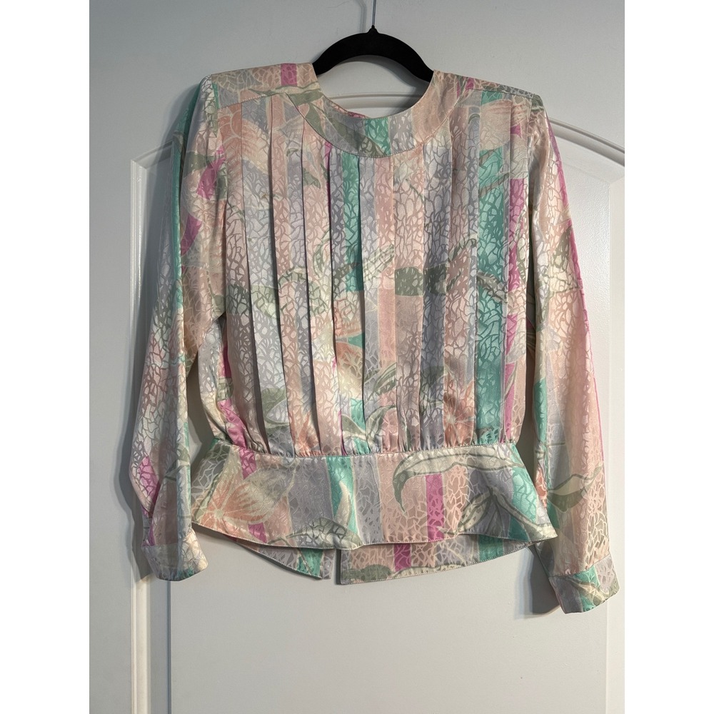 Argenti Petites Silk Blouse Womens 8 Pastel Pink Green 80s Peplum Top Retro